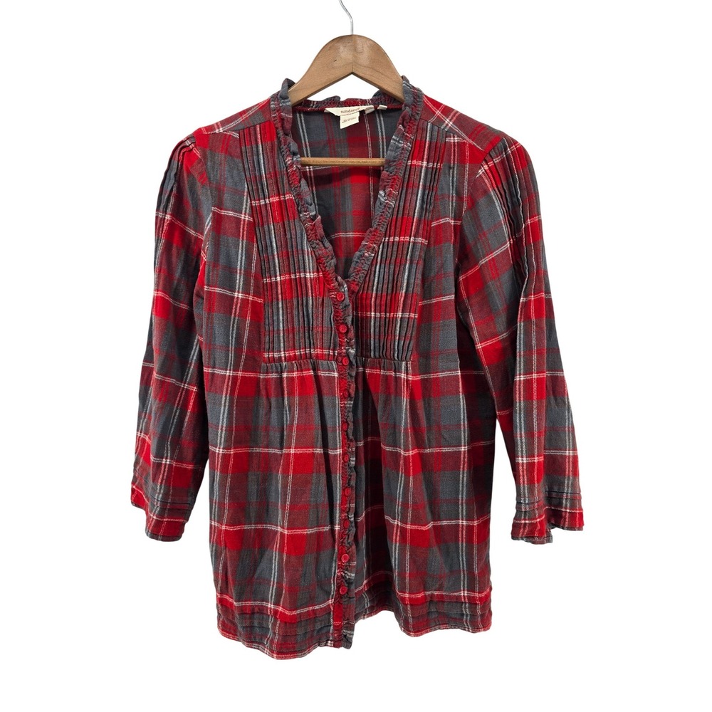 Sundance Blouse‎ Womens Medium Red Gray Plaid Ruffle Pintuck 3/4 Sleeve Cotton
